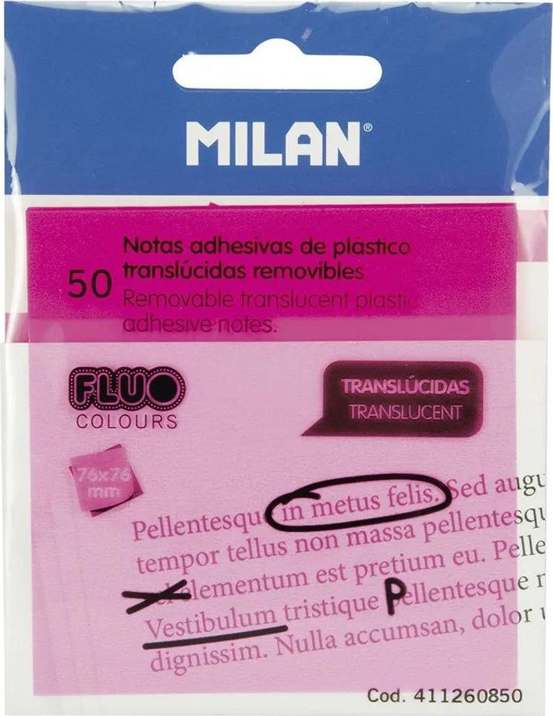 Milan Haftnotizen 50 Blatt 76x76mm transluzent fluoreszierend rosa