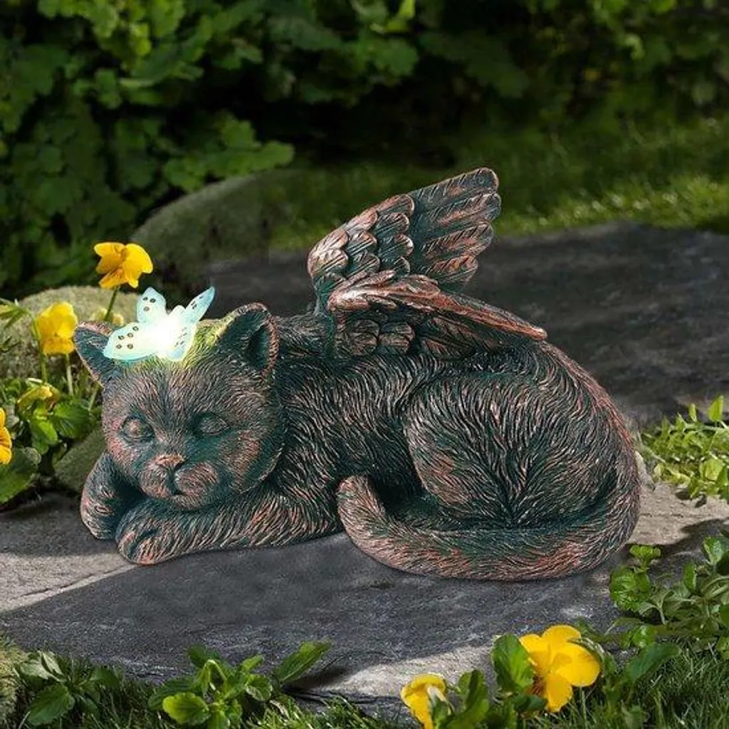 Statue chat avec papillon LED solaire étanche pour extérieur 20cm