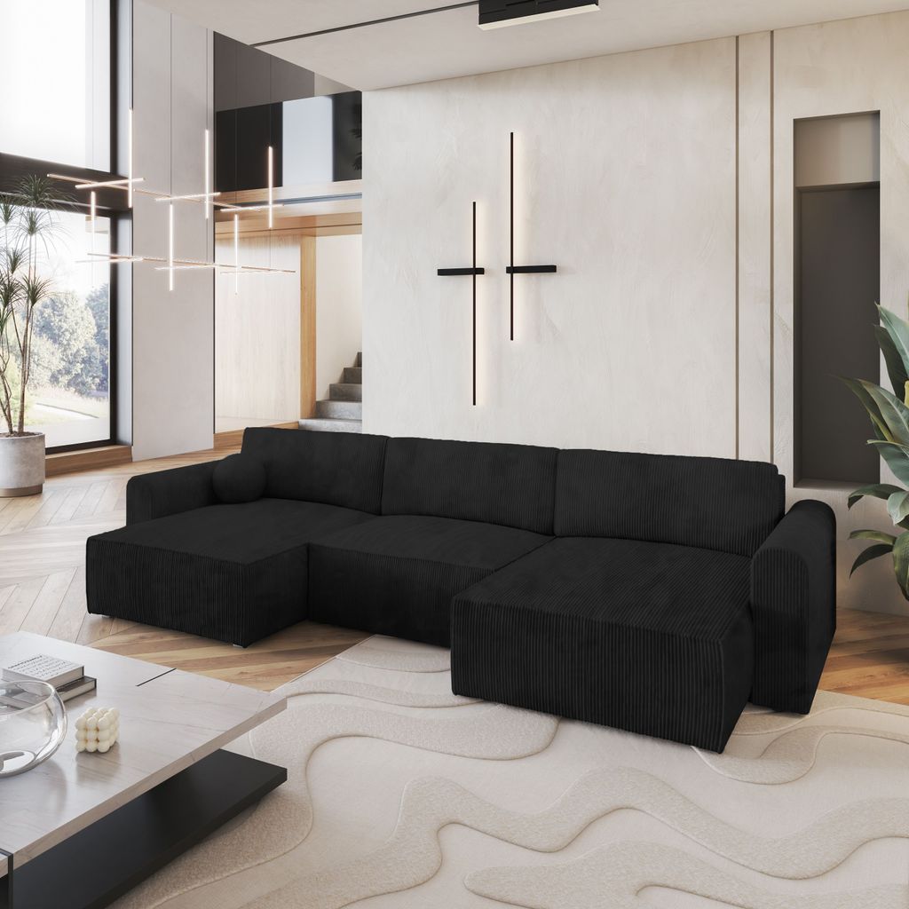 Masseno Ecksofa FENTO P mit Schlaffunktion U-Form, Sofa mit Bettkasten, Wohnzimmersofa, Couch, Soffa, Bettsofa, Couchgarnitur- Schwarz, POSO 135