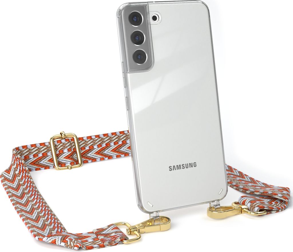 EAZY CASE Handykette - Verstellbarer Trageriemen kompatibel mit Samsung Galaxy S22 Plus 5G, Handykordel mit transparenter Silikon-Hülle, Band in O...