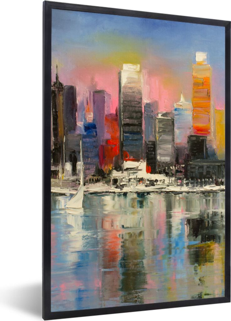 MuchoWow Gerahmtes Poster Gemälde - Öl - Skyline - Wasser 40x60 cm - Poster mit Schwarzem Bilderrahmen Wandposter Rahmen Foto Bilder - Papierdr...