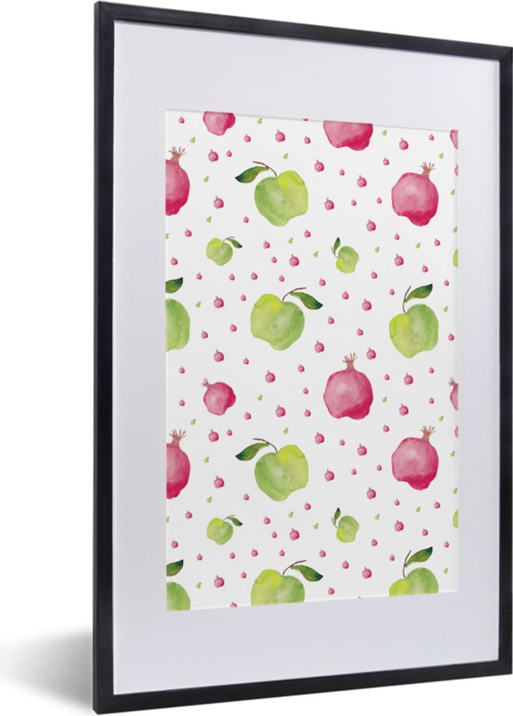 MuchoWow Gerahmtes Poster Apfel - Granatapfel - Aquarellfarbe - Design 40x60 cm - Poster mit Schwarzem Bilderrahmen Wandposter Rahmen Foto Bilder...