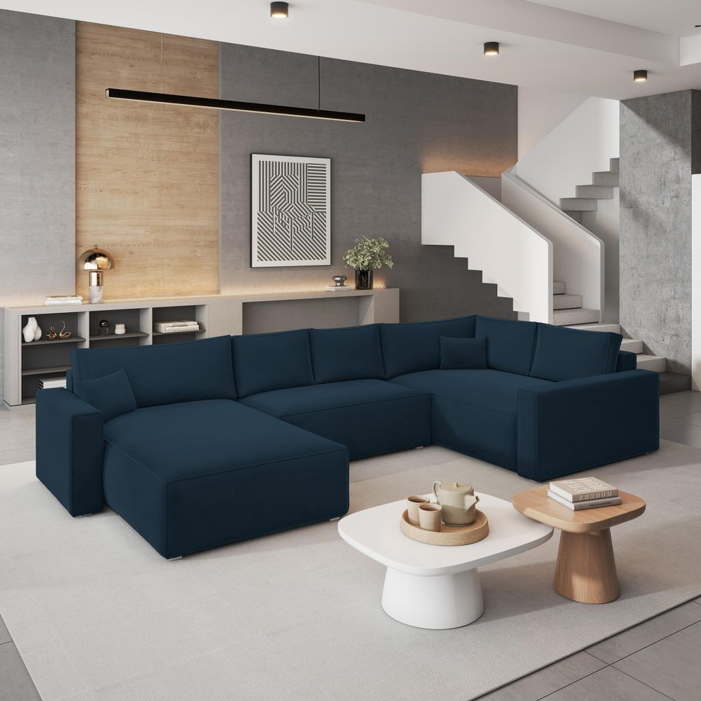 Masseno Ecksofa VELAMI R-S mit Schlaffunktion U-Form, Sofa mit Bettkasten, Wohnzimmersofa, Couch, Soffa, Bettsofa, Couchgarnitur- Blau, MONOLITH 77