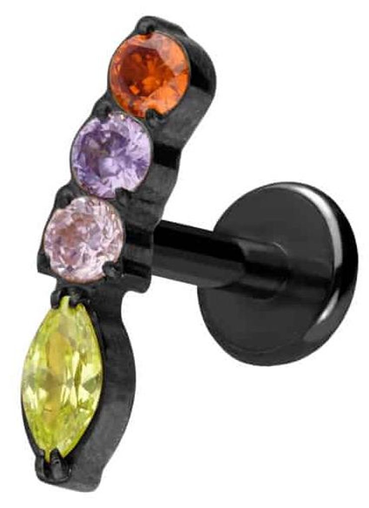 Ohrpiercing, Nasenpiercing Titan Labret mit Push Fit BUNTER KRISTALLBOGEN Schwarz Stablänge: 6mm | Stabstärke: 1,2mm