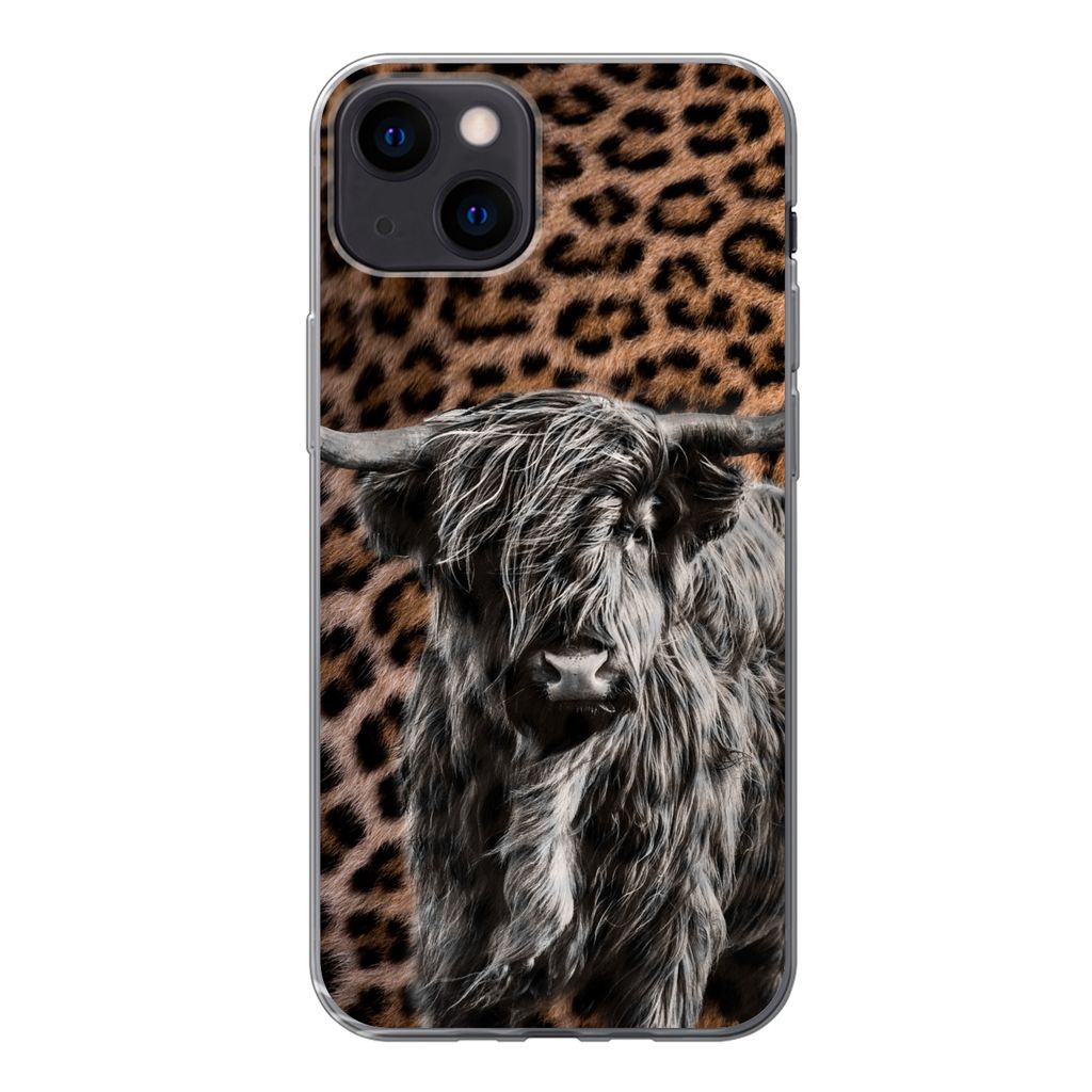 MuchoWow Handyhülle Schutzhülle Hülle für iPhone 13 Schottischer Highlander - Pantherdruck - Schwarz - Weiß Silikon Softcase Handy Hülle - ...