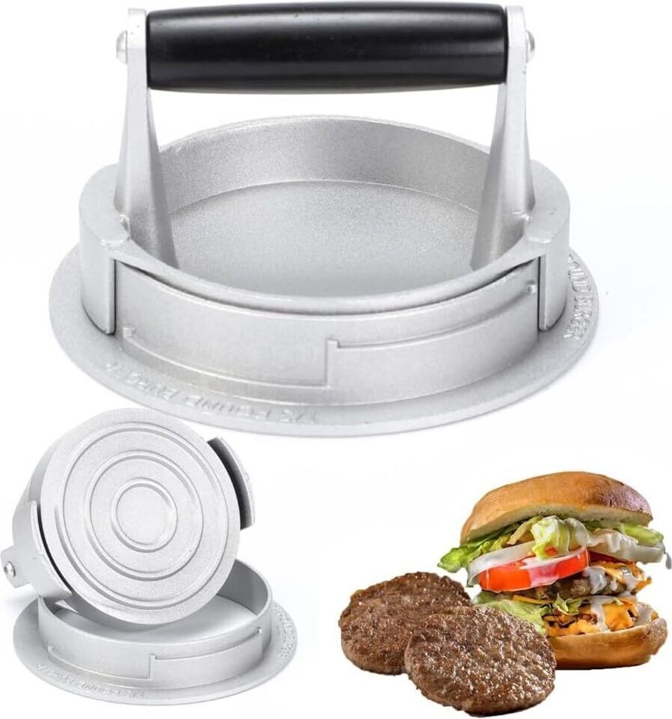 Burgerpresse, 14 cm Aluguss Round Burger Pattie Presse, Einfach Säubern Antihaft, Einstellbare Patty-Dicke, Mit Holzgriff Perfekt für leckere Ham...