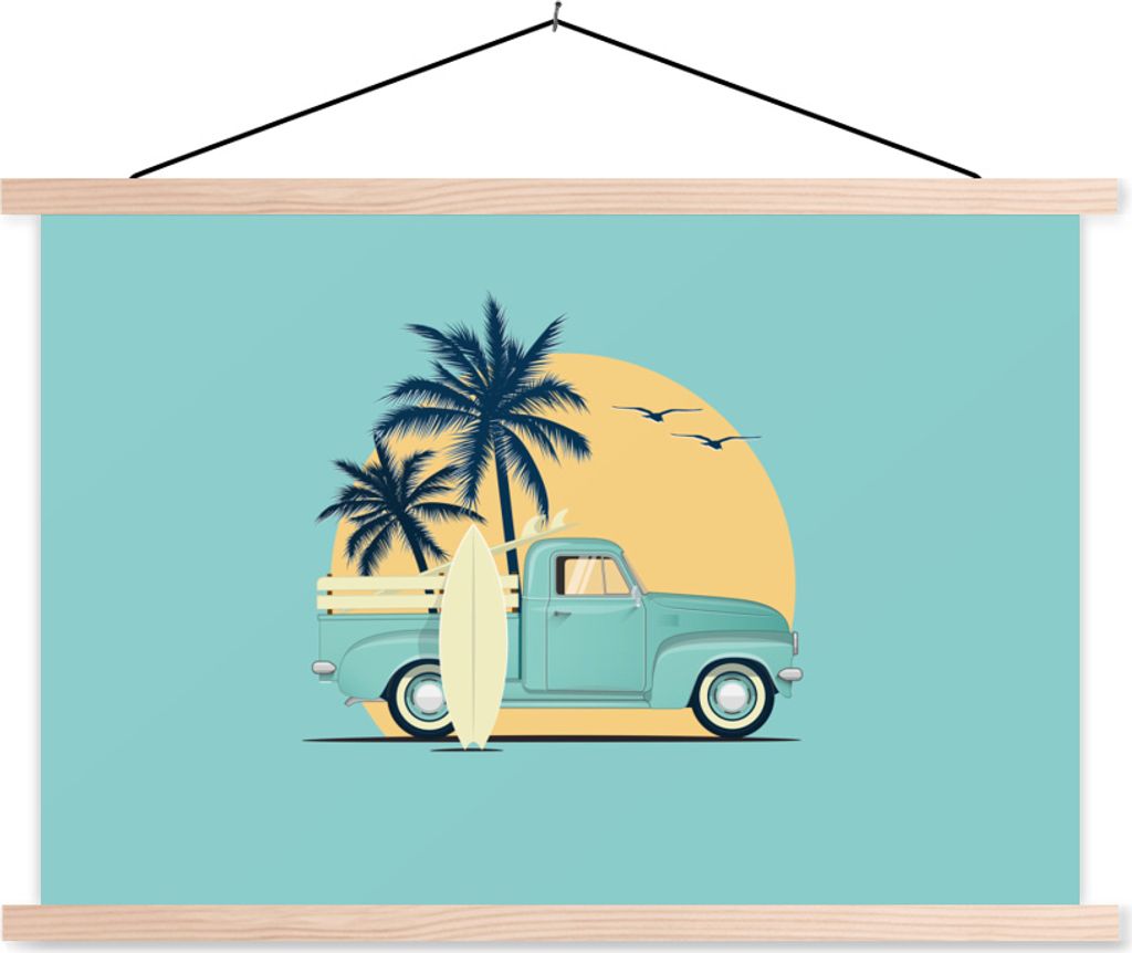 MuchoWow Textilposter Bus - Surfbrett - Sommer - Zeichnung 120x80 cm mit holzfarbenen Rahmen - Aufhängeset