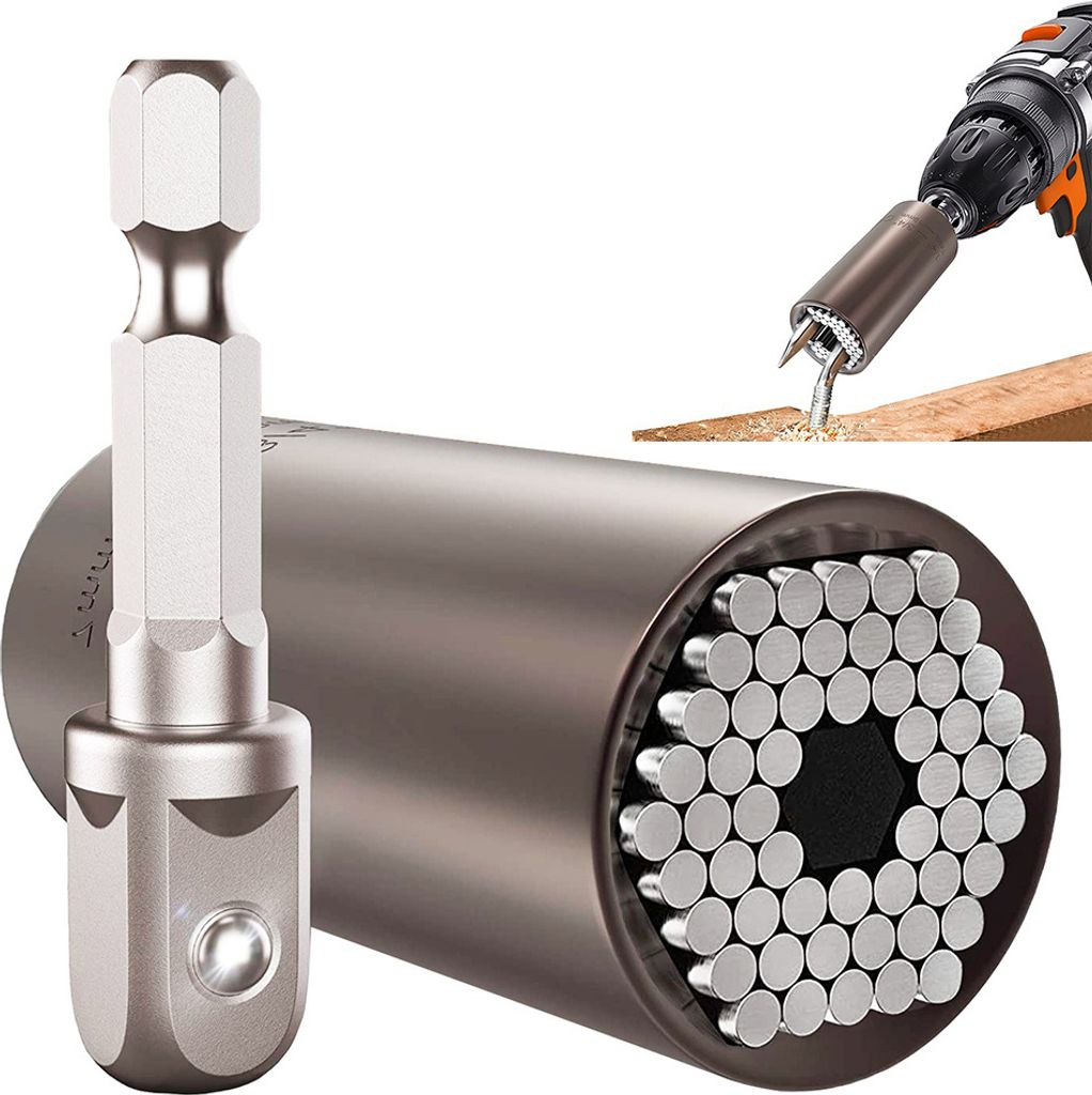 A universal socket wrench set and a drill bit adapter are shown against a white background. A smaller inset image shows the socket wrench being used with a drill on a piece of wood.