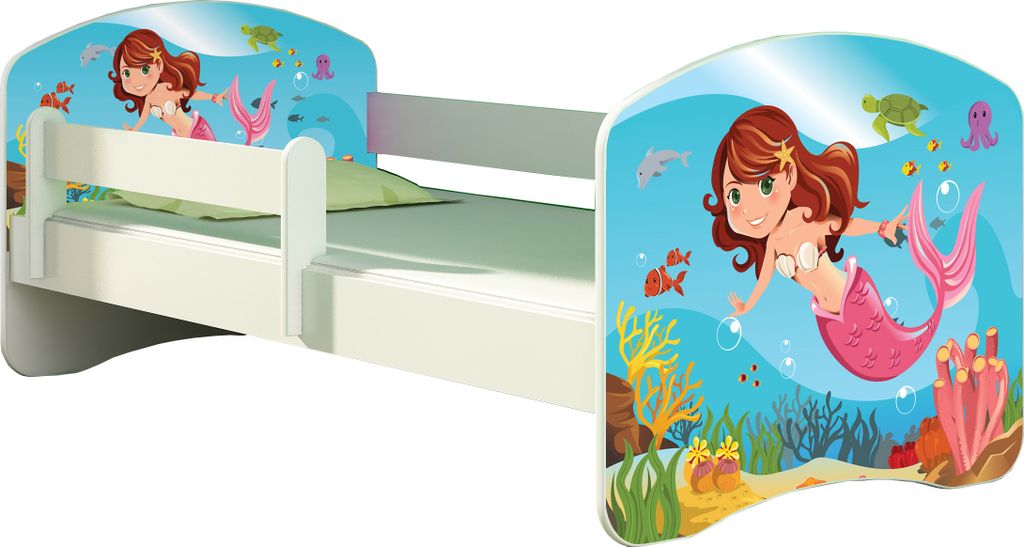 ACMA Jugendbett Kinderbett Junior-Bett Komplett-Set mit Matratze Lattenrost und Rausfallschutz Weiß 09 Meerjungfrau 140x70