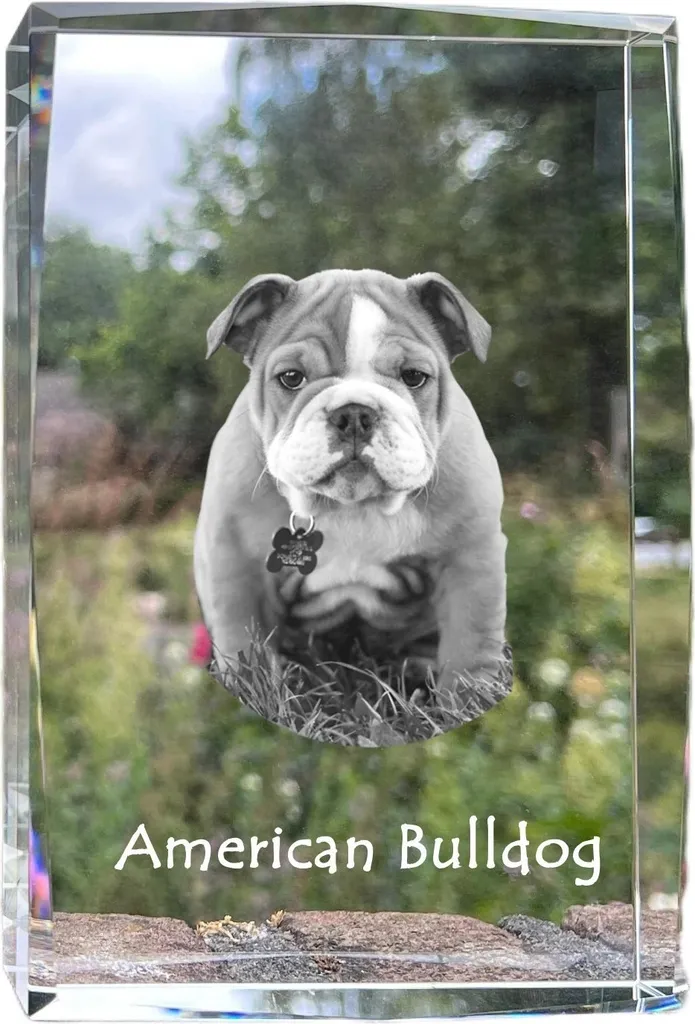 Bloc Cristal Bouledogue Américain Gravé Art-Dog - Photo 3D en Verre