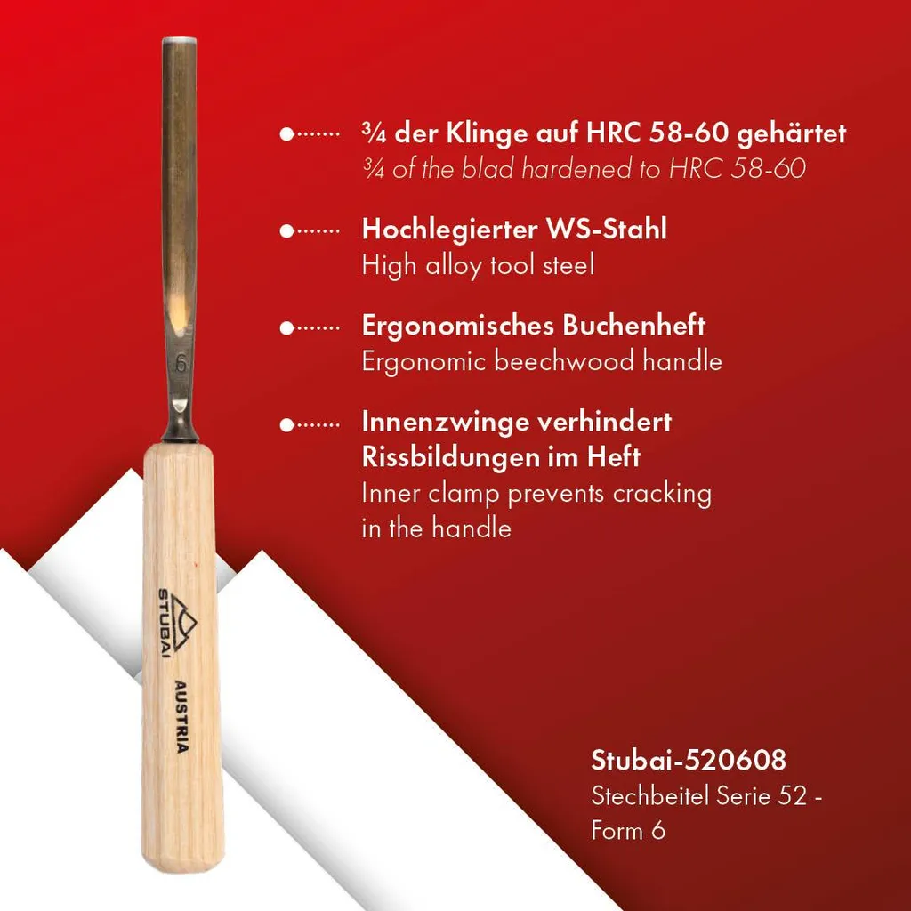 STUBAI Ciseau à bois série 52 Forme 6 de 8 mm avec manche bois robuste