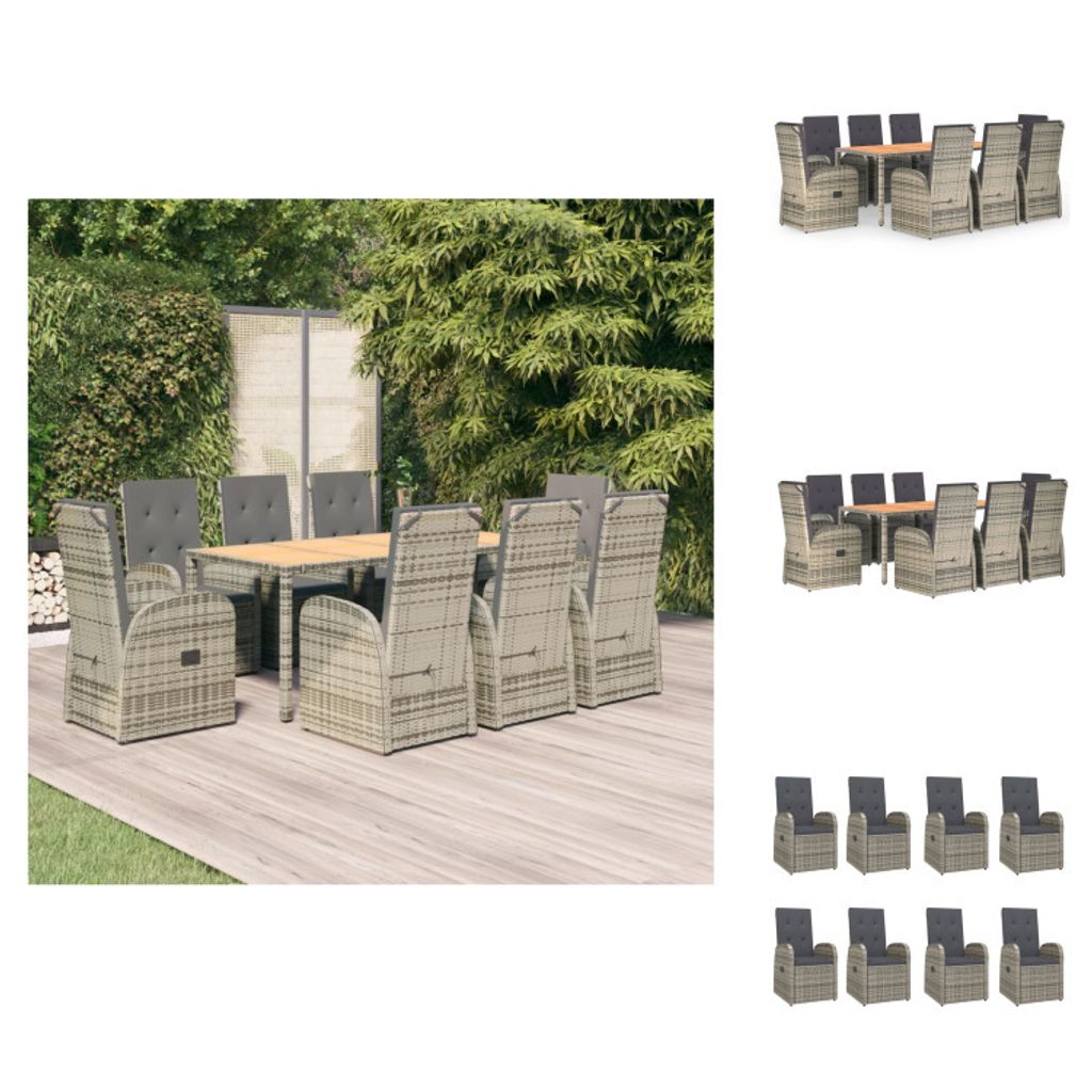 vidaXL 9-tlg. Garten-Essgruppe mit Kissen Grau Poly Rattan Produktbild 