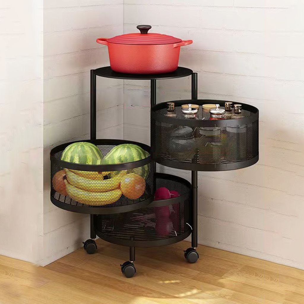 Küche Storage Cart, kreisförmige rotierende Korb, 360-Grad-Räder, Obst Gemüse Metall Drahtregal mit Deckel für Wohnzimmer, Büro, schwarz(3 ...