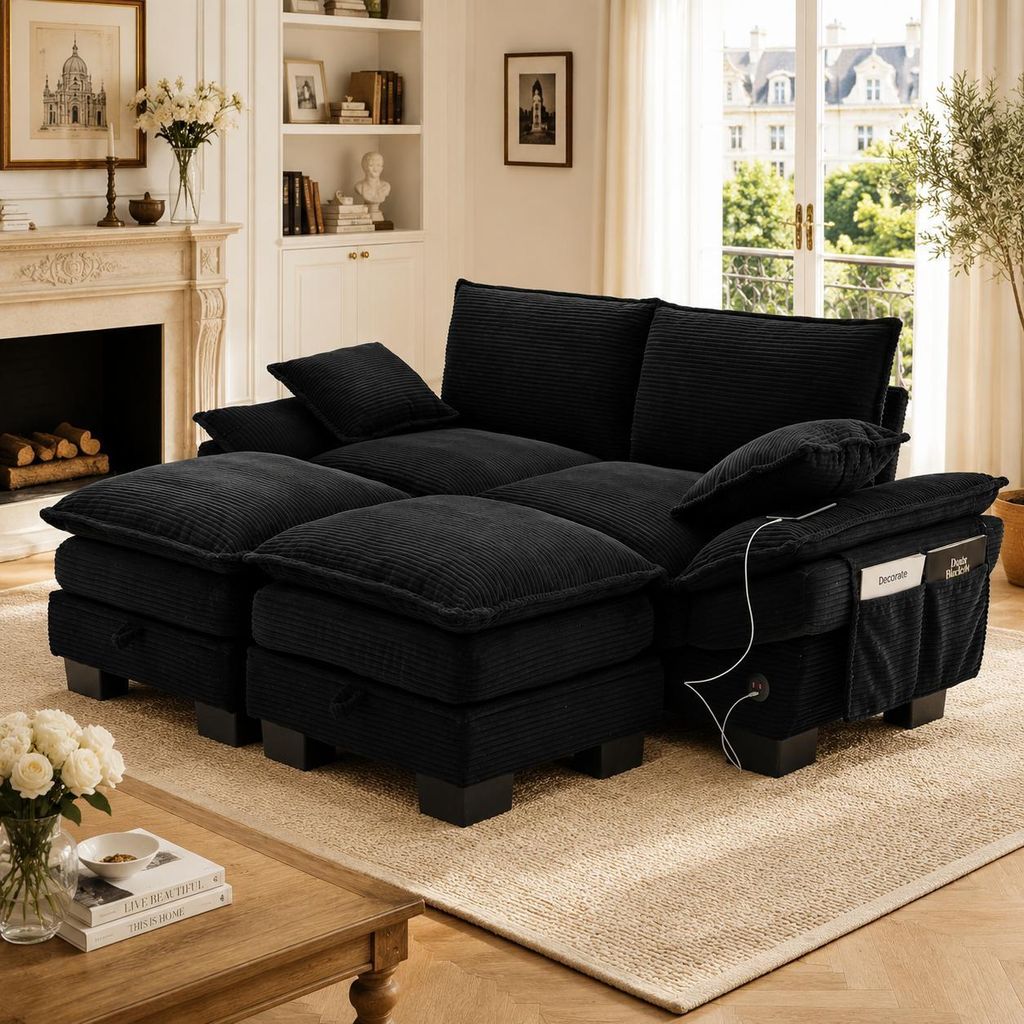 Cord Sofa 2 Sitzer Couch modular Polstersofa mit 2 Hockern USB C Ladestation Seitentasche breite Sitzfläche ergonomisch Wohnzimmercouch Schwarz