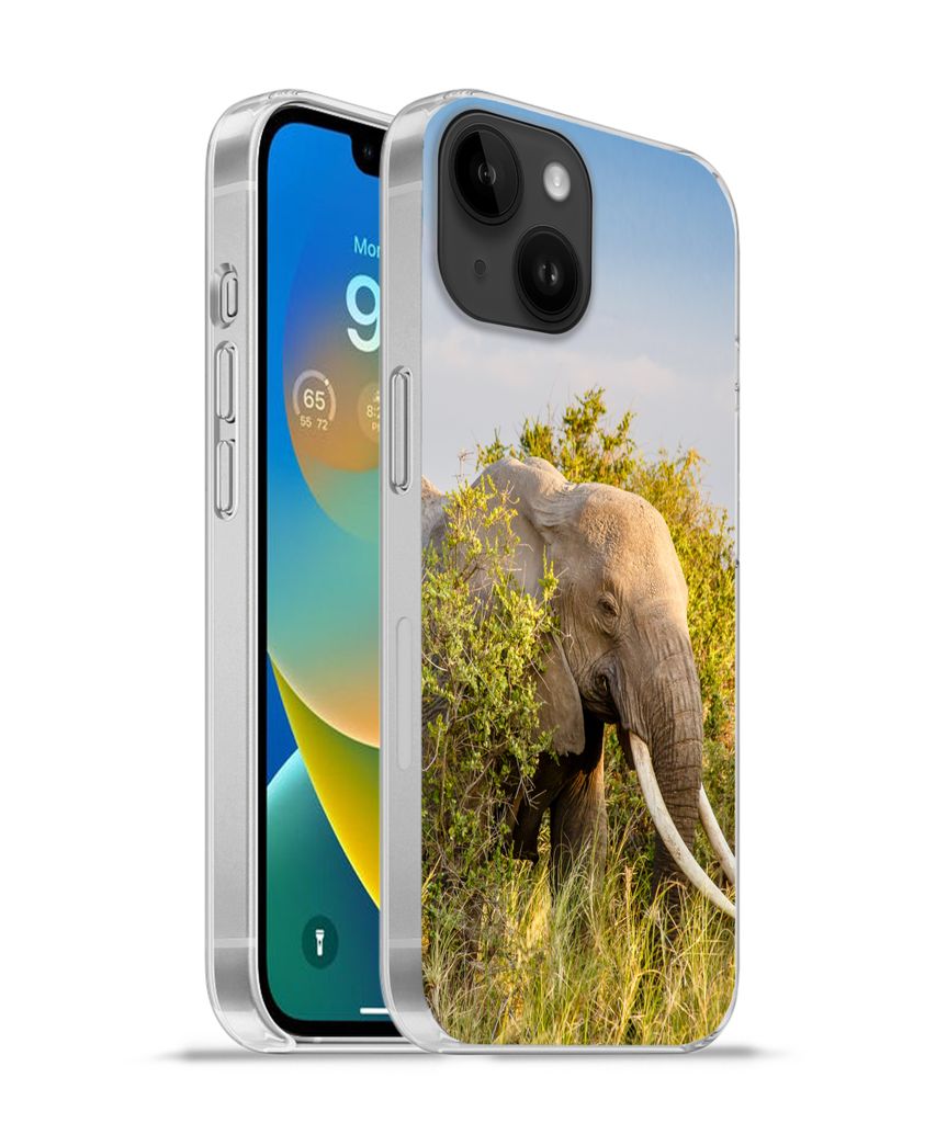 MuchoWow Handyhülle Schutzhülle Hülle für Apple iPhone 14 - Softcase Elefant - Tiere - Gras - Grün - Berg Silikon Softcase Handy Hülle - Mo...