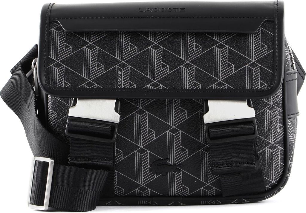 A black and gray Lacoste messenger bag with a geometric pattern.