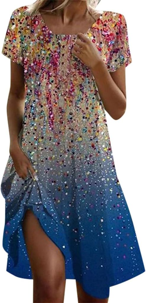ASKSA Damen Sommerkleid Laessig Sommer Boho Kleid Elegant Blumendruck Maxikleid Kurzarm A-Linie Strandkleid (Blau,XL)