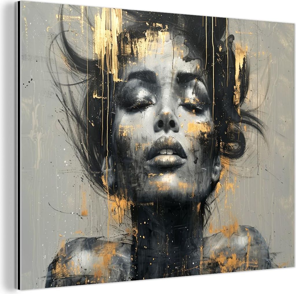 MuchoWow Wanddekoration Metall Metallbild Wandkunst 80x60 cm Frau - Kunst - Gold - Abstrakt - Glamour MuchoWow Aluminium Gemälde - Alubild