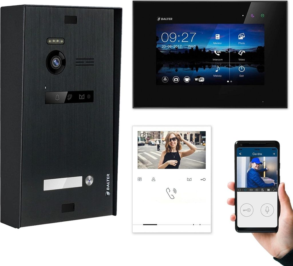 BALTER EVO Aufputz Schwarz 7" WiFi Monitor Schwarz + Quick Video Türsprechanlage Set 1 Familienhaus