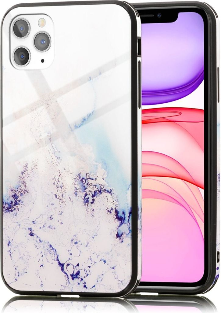 NALIA Hartglas Handy Hülle für iPhone 11 Pro Max, Marmor Design Case Cover Etui Rosa Blau