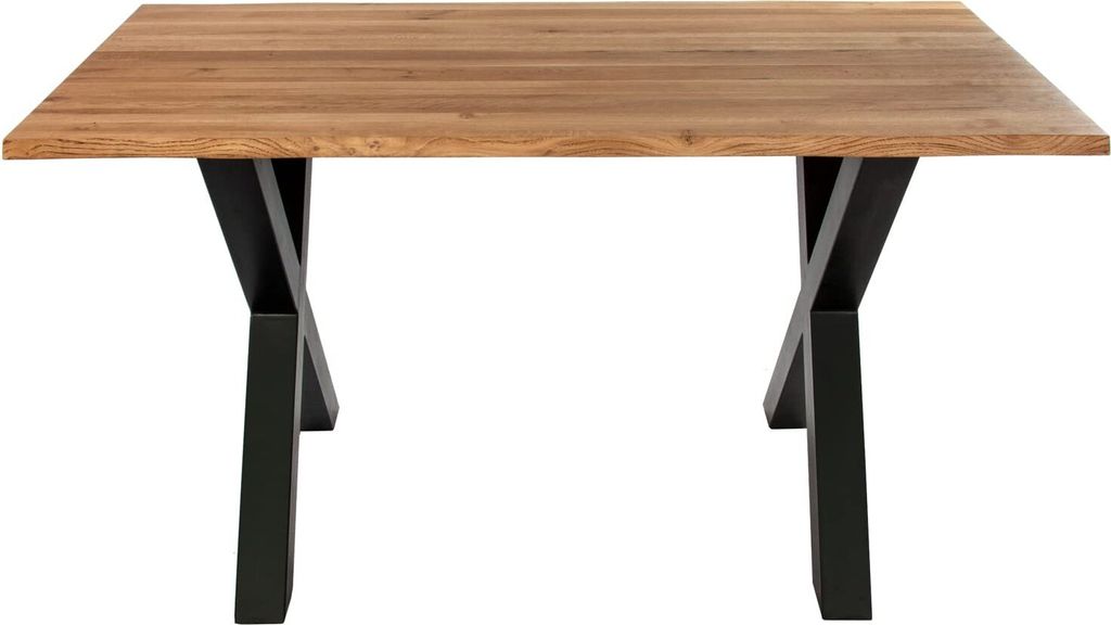 Esstisch 180 x 90 cm Enrico, Eiche Rustik, massiv + geölt, Baumkantentisch mit schwarzem X-Gestell aus Metall, pflegeleichter Esszimmertisch, Tisc...