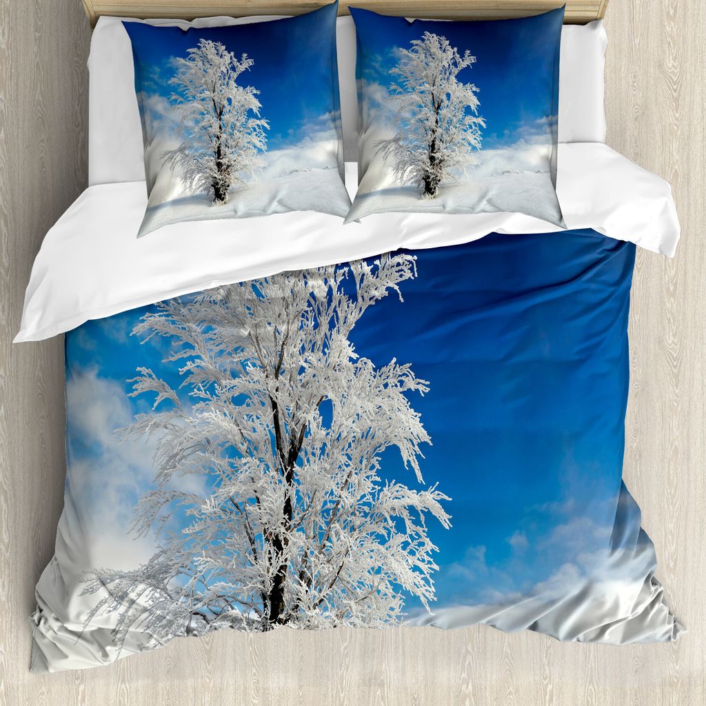 ABAKUHAUS Winter Bettbezug, Einsamer Baum Rural Land, Milbensicher Allergiker geeignet mit Kissenbezügen, 155 cm x 220 cm - 80 x 80 cm, Blau Weiss