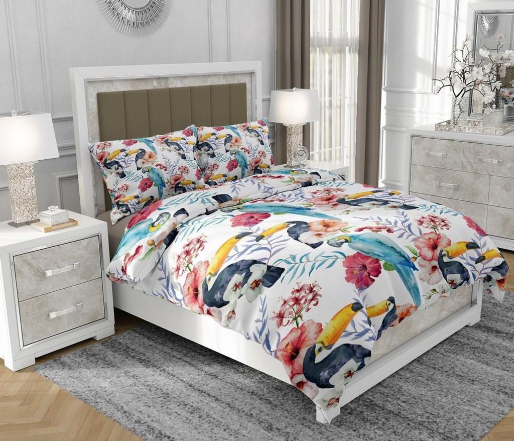 Bettwäsche 140x200 cm + 2x70x80 cm, 3-teilig, 100% Baumwolle, Satin, Reißverschluss, Blumen, Bunt - SOVIO | So.0066