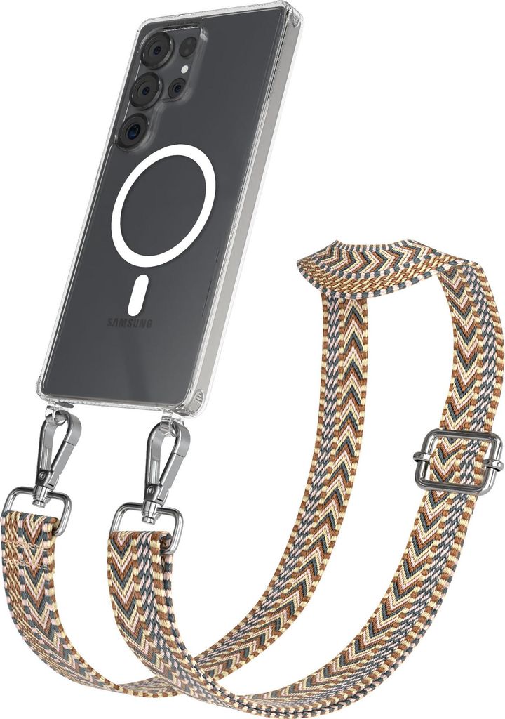 EAZY CASE - Handykette mit MagSafe Hülle für Samsung Galaxy S25 Ultra, Handyband ZigZag Style,Karabiner Silber, Umhängeband in Braun