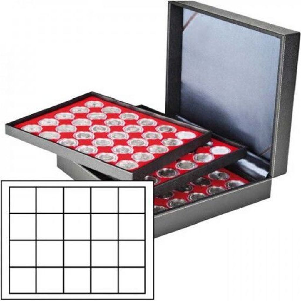 Lindner 2365-2120E Münzkassette NERA XL mit 3 Tableaus und hellroten Münzeinlagen mit 60 quadratischen Fächern für Münzen/Münzkapseln bis Ø ...