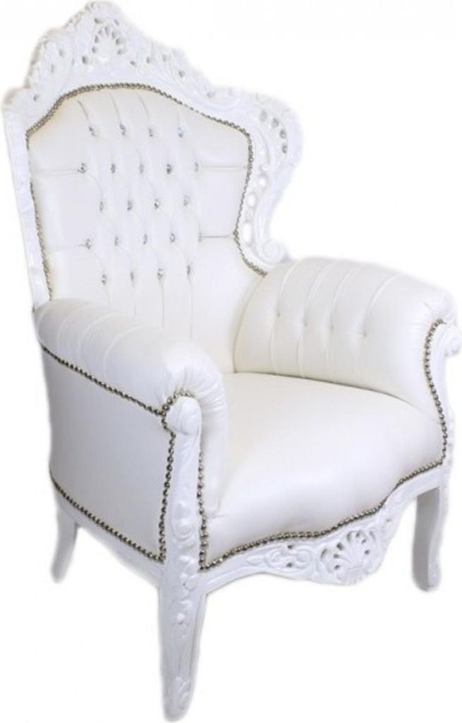 Casa Padrino Barock Sessel King Weiß Lederoptik mit Bling Bling Glitzersteinen - Luxus Barock Möbel
