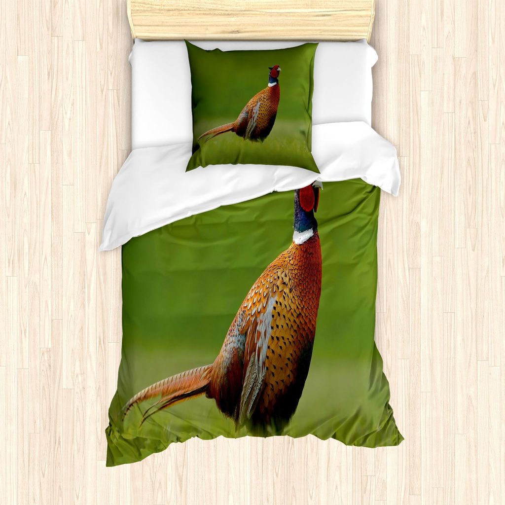 ABAKUHAUS Vogel Bettbezug Set, Gemeiner Fasan mit langem Endstück auf dem grünen Gras-Wiesen-Lebensraum Tschechische Republik, 135 x 200 cm + 80 ...