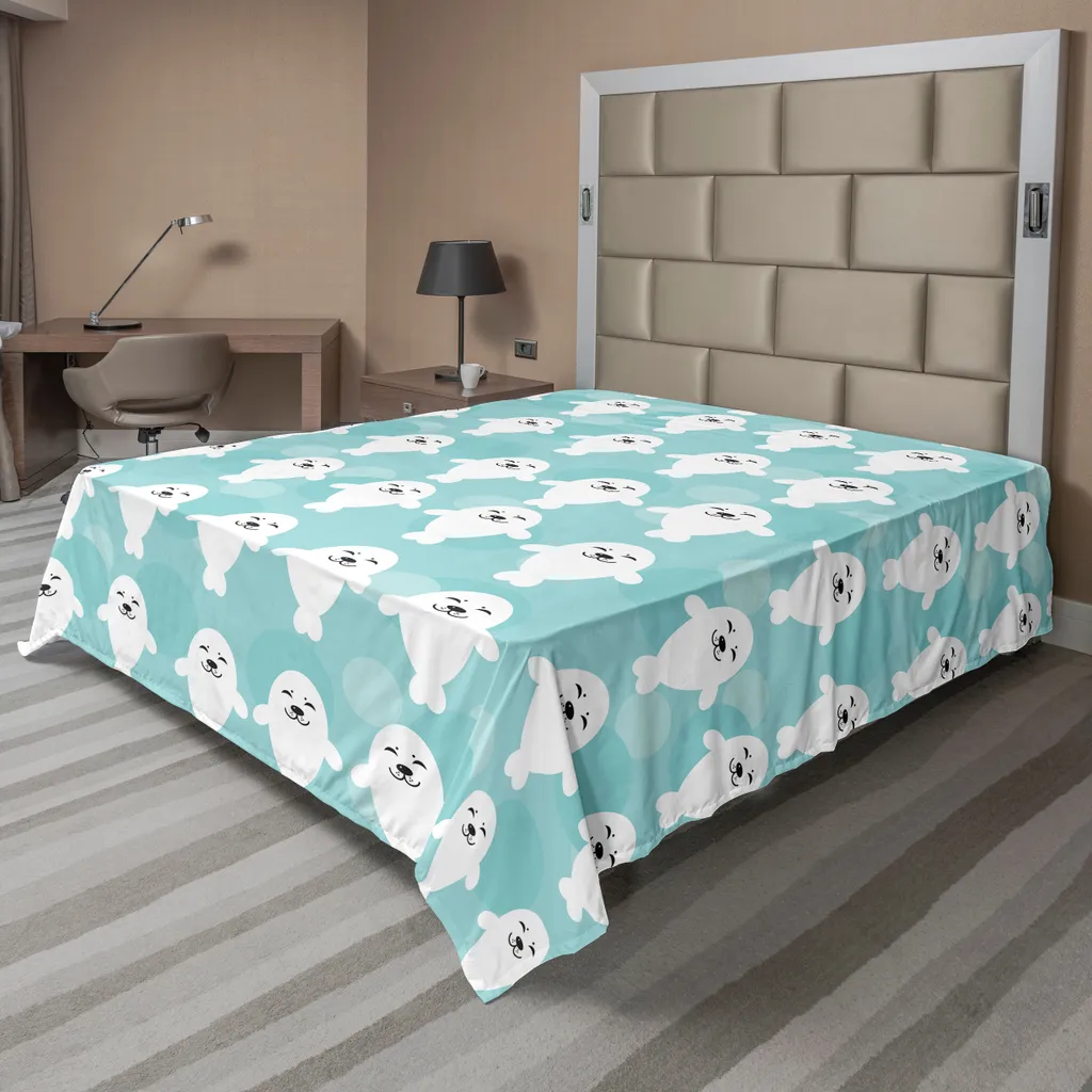 Drap plat enfant doux anti-bouloche phoques mignons 244x205 turquoise