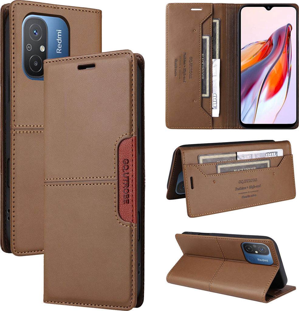 Handyhülle für Xiaomi Redmi 12C/Redmi 11A/Poco C55 Hülle, Leder Flip Wallet Kartenfach Stand Schutzhülle Braun