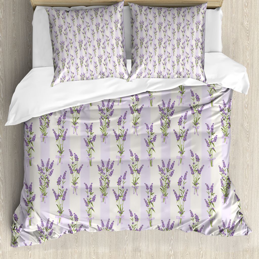 ABAKUHAUS Lavendel Bettbezug, Streifen und Blumen, Milbensicher Allergiker geeignet mit Kissenbezügen, 155 cm x 220 cm - 80 x 80 cm, Lila
