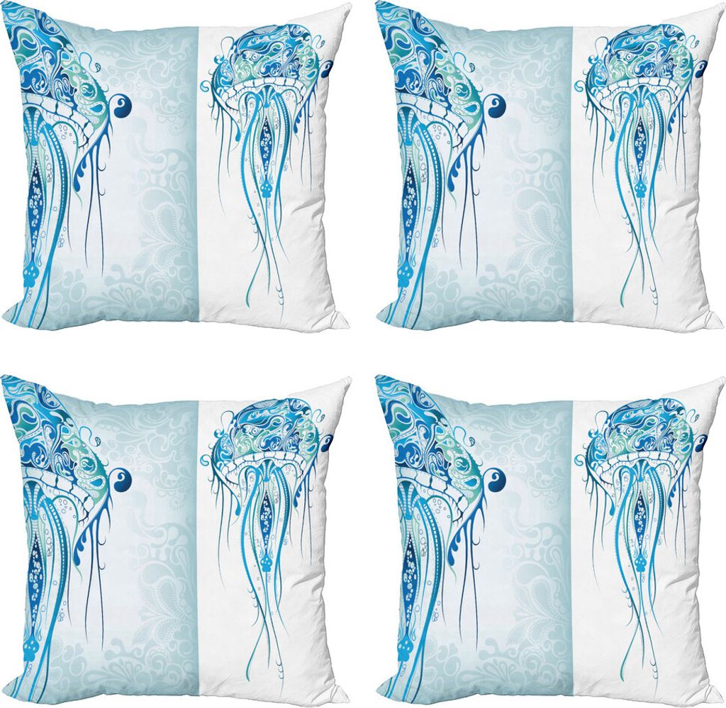ABAKUHAUS Marine Kissenbezug Set (4 Stück), Ozean-Quallen Paisley, Moderner Doppelseitiger Digitaldruck, 45 cm x 45 cm, Pale Blue Sea Blue