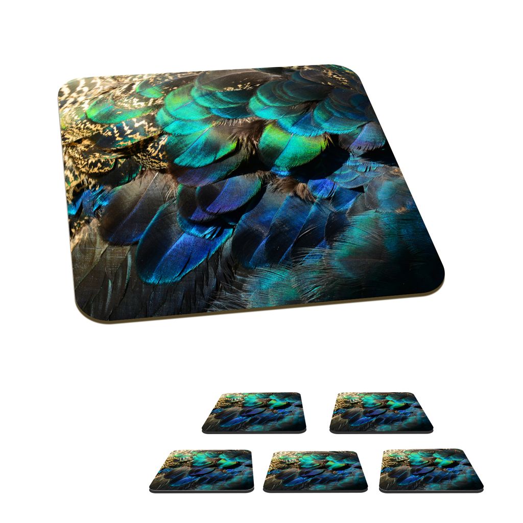 KitchenYeah Glasuntersetzer Quadratisch 6er Set Federn - Pfauenfedern - Pfau - Blau - Kunst 10x10 cm Untersetzer für Gläser - Getränkeunterset...