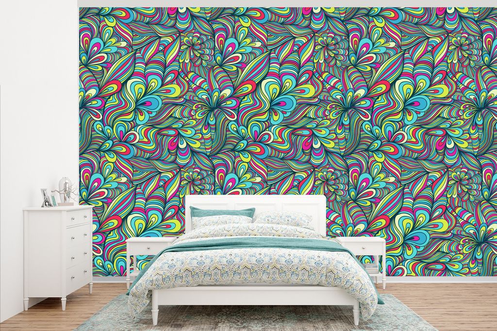MuchoWow Fototapete für Wohnzimmer oder Schlafzimmer Wandtapete Vinyl Motivtapete Fantasie - Design - Farben - Retro - 375x240 cm - Wand Tapete