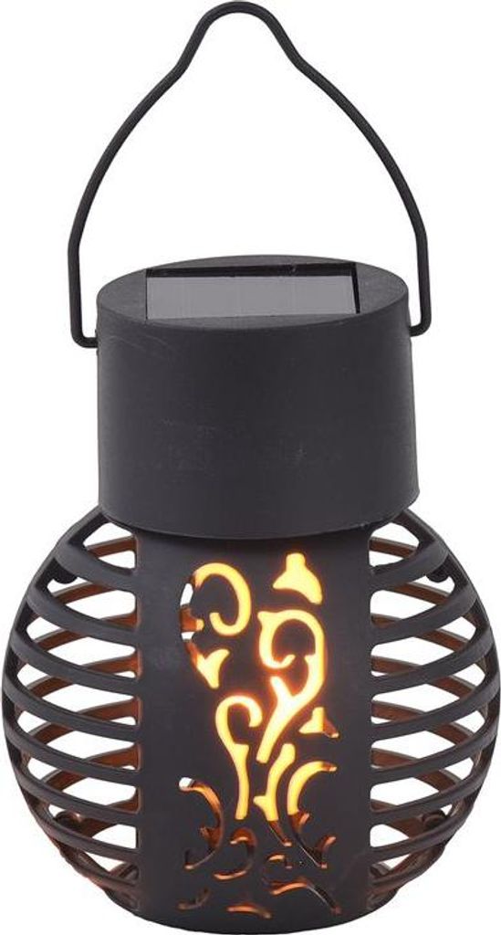 A black solar-powered lantern with a flame effect.
