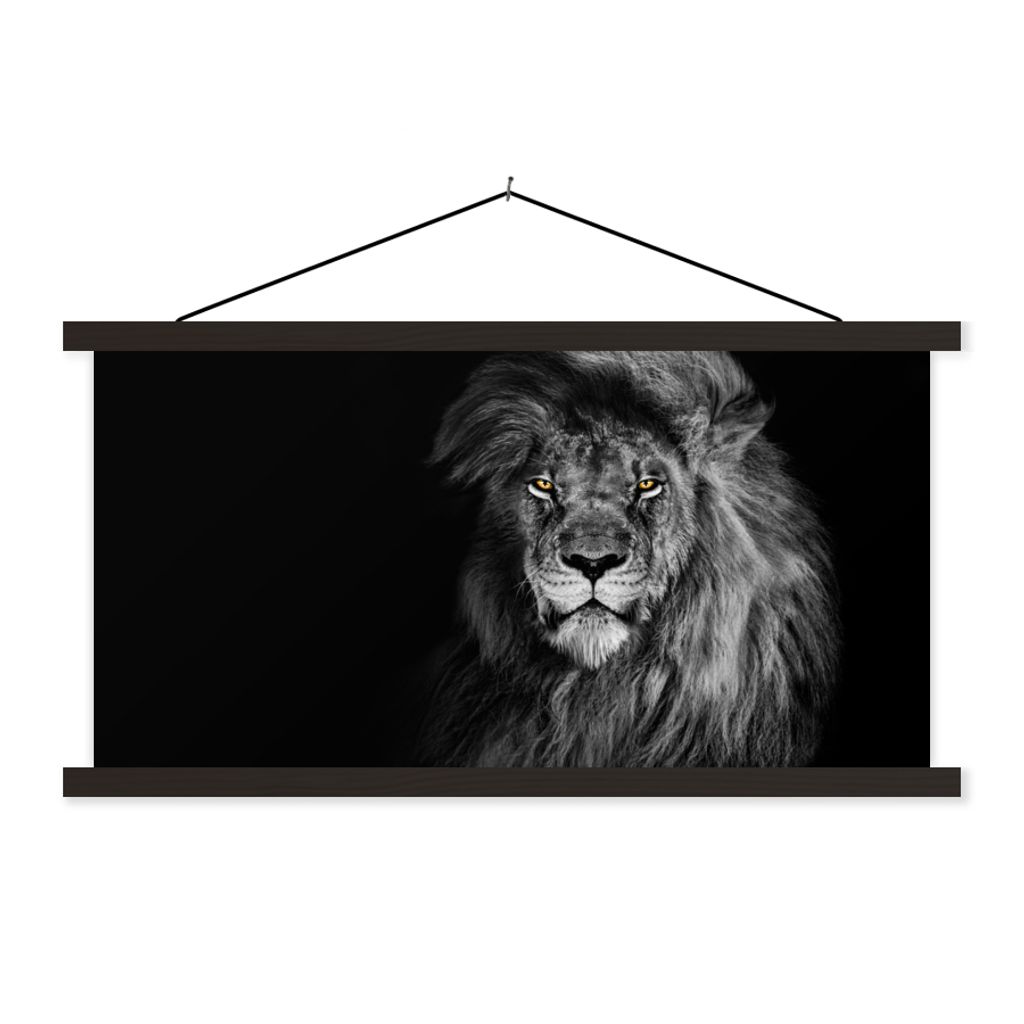 MuchoWow Textilposter Löwe - Augen - Orange - Schwarz und weiß - Tiere - Porträt 90x45 cm mit schwarzem Rahmen - Klemmleisten