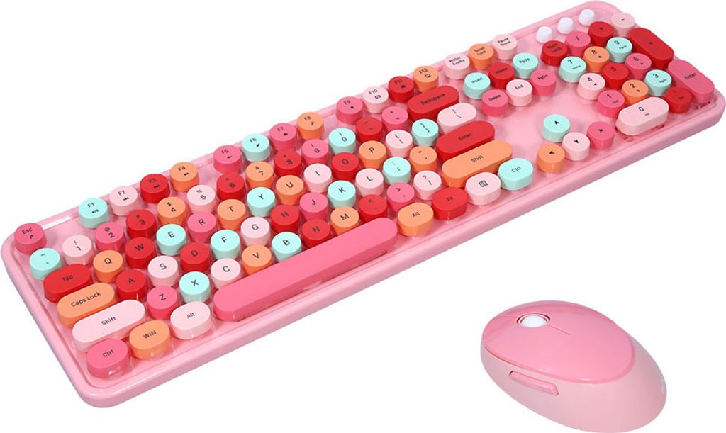 Mofii Sweet Keyboard Mouse Combo Mischfarbe 2.4G Wireless Keyboard Mouse Set Kreisfoermige Aufhaengung Tastenkappe fuer PC Laptop Pink