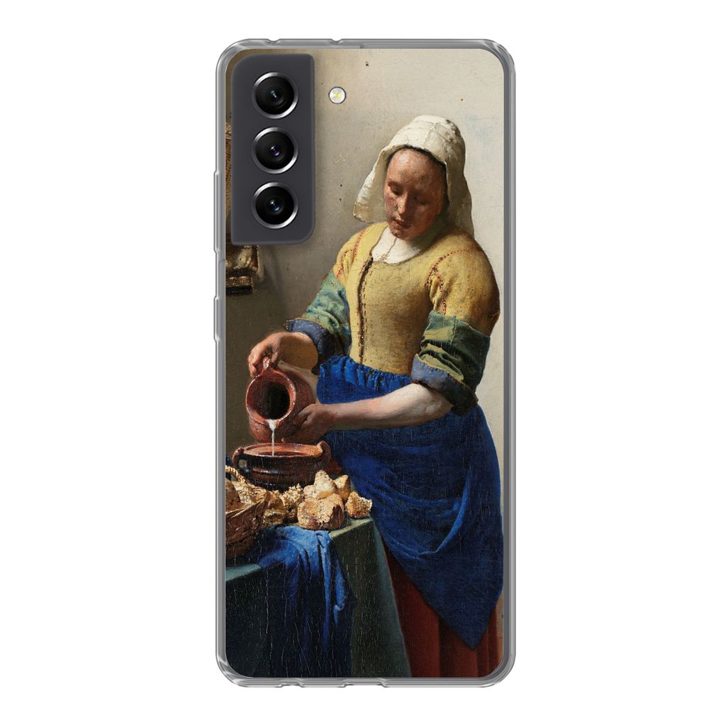 MuchoWow Handyhülle Schutzhülle Hülle für Samsung Galaxy S21 FE Das Milchmädchen - Gemälde von Johannes Vermeer Silikon Softcase Handy Hül...