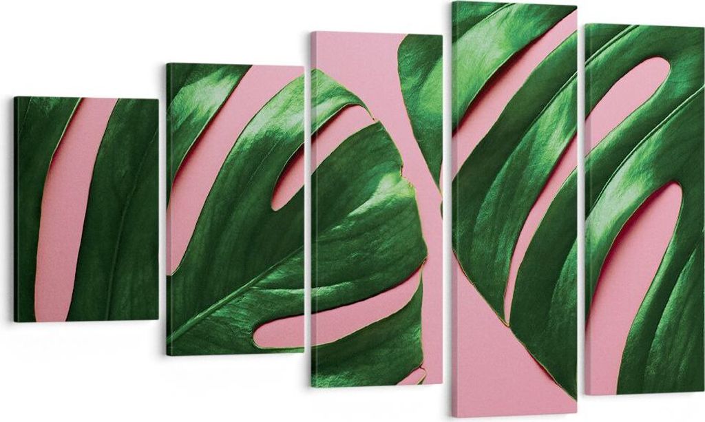 Bild auf Leinwand - Leinwandbild - 5 Teile - Monstera Blatt Rosa - 100x60cm - Wand Bild - Wanddeko - Wandbilder - Leinwanddruck - Bilder - Wanddeko...