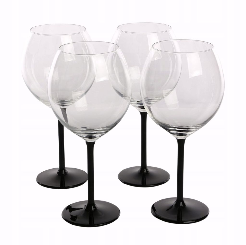 Four clear wine glasses with black stems and bases are arranged on a white background.