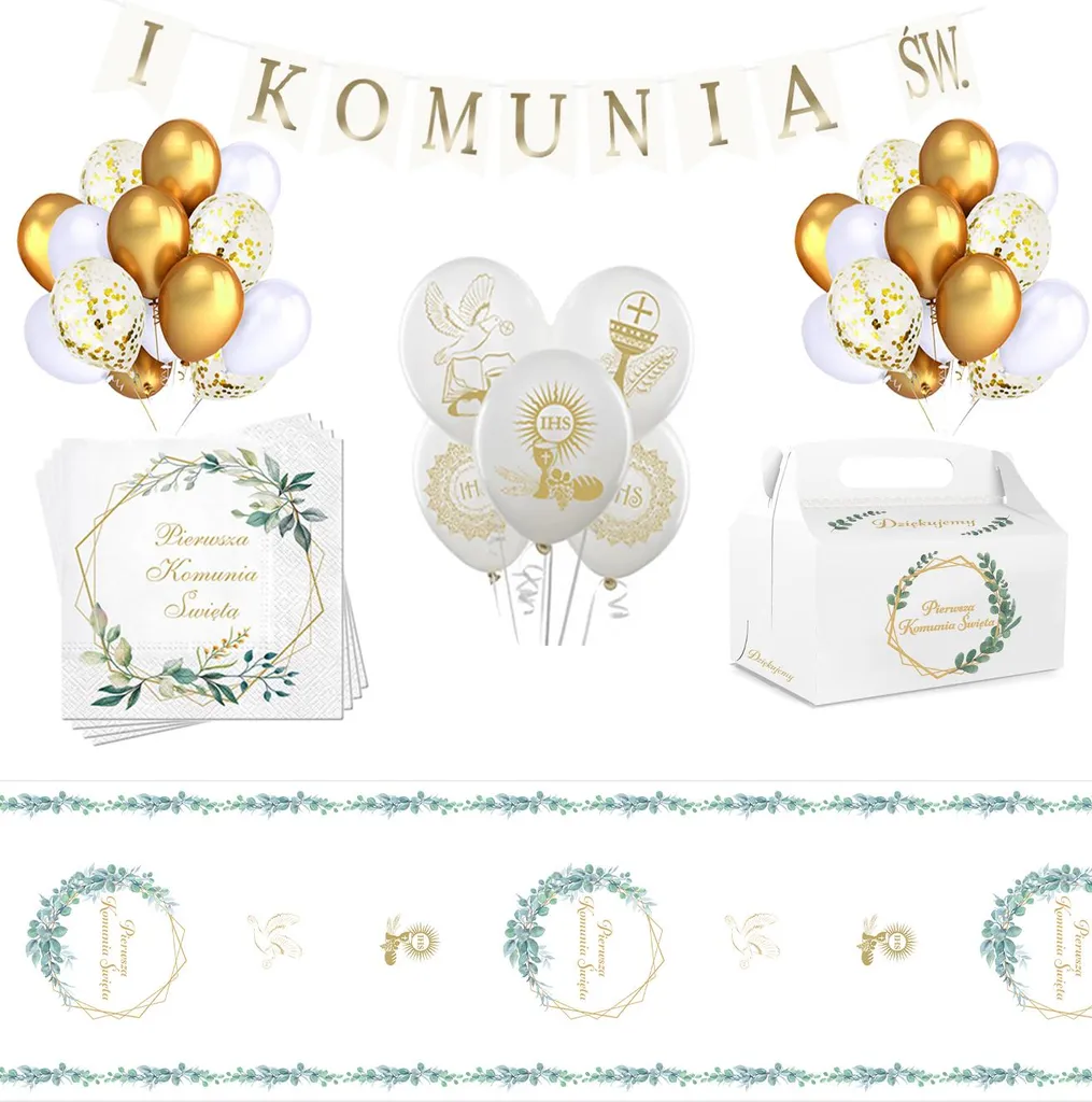 Kit Communion complet : Ballons, Chemin de Table et Serviettes blancs