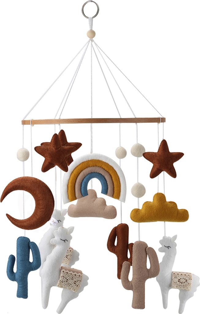 Zayno Mobile "Wüste" mit Alpakas, Kakteen und Himmelsmotiven in Naturfarben | Windspiel für Krippe, Babybett, Einschlafhilfe, Babygeschenk Geburt