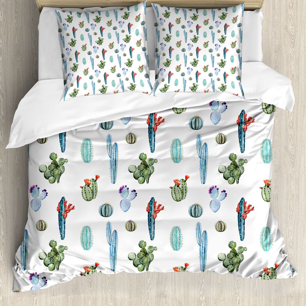 ABAKUHAUS Kaktus Bettbezug, Desert Hot Mexican Süd, Milbensicher Allergiker geeignet mit Kissenbezügen, 200 cm x 200 cm - 80 x 80 cm, Blau und Grün