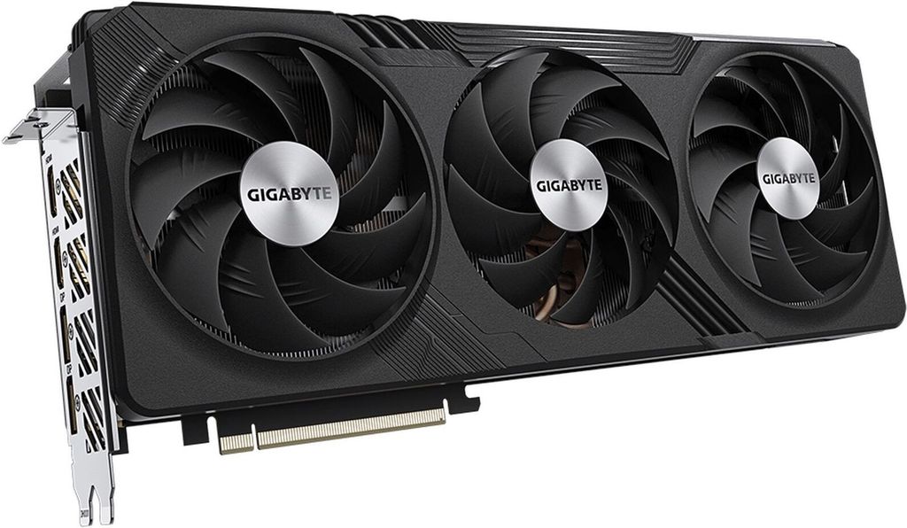 A black graphics card with three fans, shown from a diagonal angle against a white background.