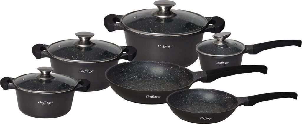 Kochtopf Kasserolle Bratpfannen Set 10-tlg blau Glasdeckel Schwarz