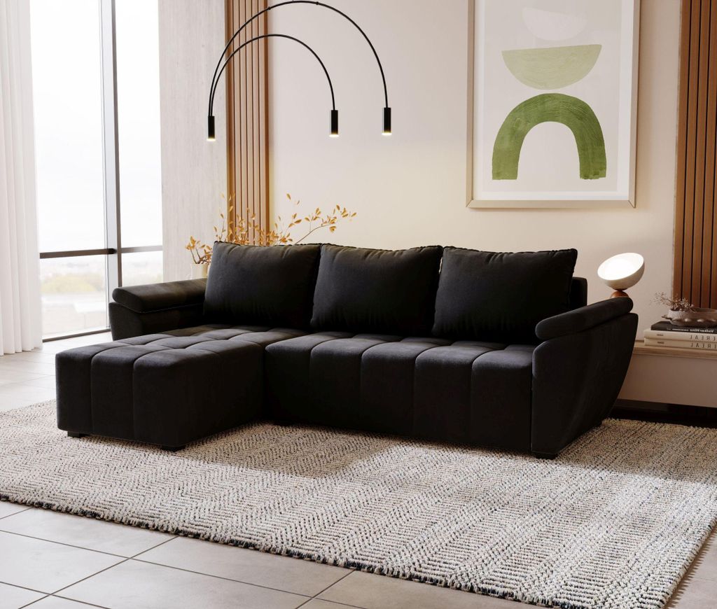BEDANTE Ecksofa ZEUS L Monolith 97 Schwarz Links mit Schlaffunktion L-Form Sofa mit Stauraum Bettkasten Wohnzimmersofa Couch Sofa Bettsofa Bettkast...