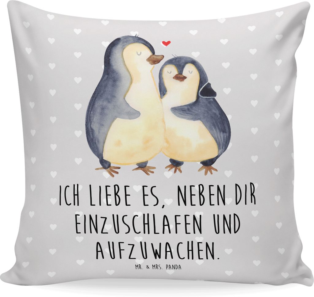 Mr. & Mrs. Panda Sofa Kissen Pinguine Einschlafen - Grau Pastell - Geschenk, Jahrestag, Lounge, für, kuschelkissen 40x40, Frauen, Polster, Partner...